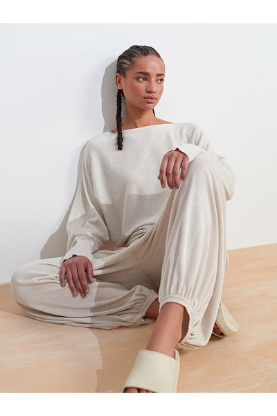 Dilvin 10735 Boat Neck Thin Knitwear Sweater-Beige Melange