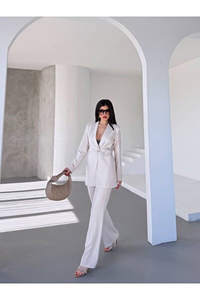 BARG FASHION Kadın Kemerli Ceket Pantalon Takım
