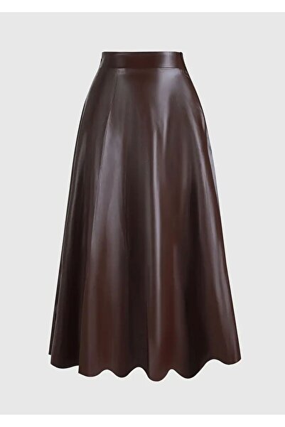 COUPEST Kadın Suni Deri Kahverengi Uzun Tesettür Mevlana Etek Faux Leather