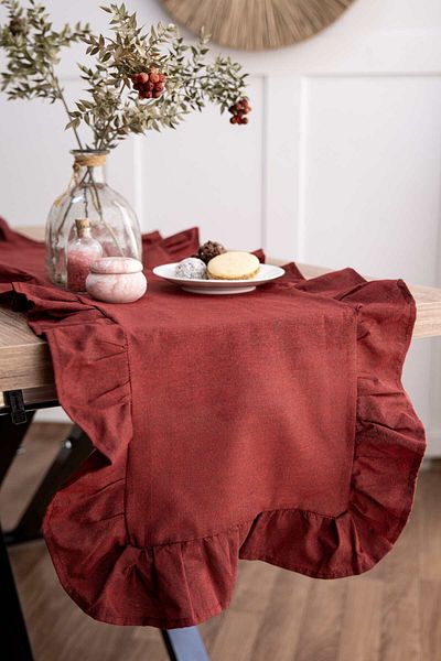 Morlay Natural Red Frilly Linen Runner - 40X110 cm