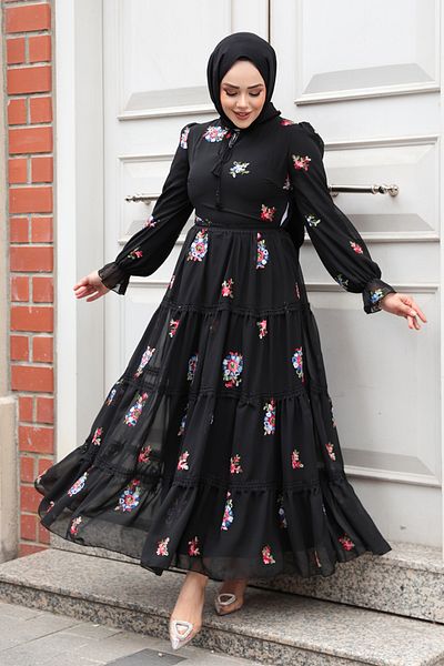 Neva Style فستان حجاب أسود منقوش بالزهور 32816S