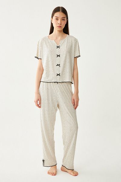 Ecrou Women's Ecru Polka Dot Short Sleeve Slit Trousers Pajama Set