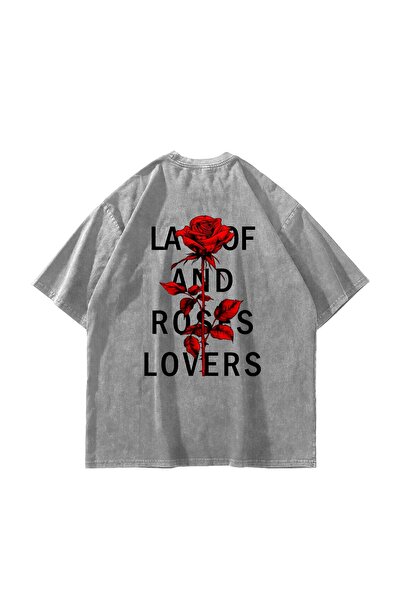 Bak Moda Roses Lovers Printed Oversize Unisex Washed White Tshirt