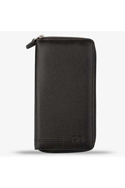 Anı Yüzük Unisex Özel Tasarım Cep Telefonu  Bölmeli ve Fermuarlı Hakiki Deri Portföy Cüzdan Siyah