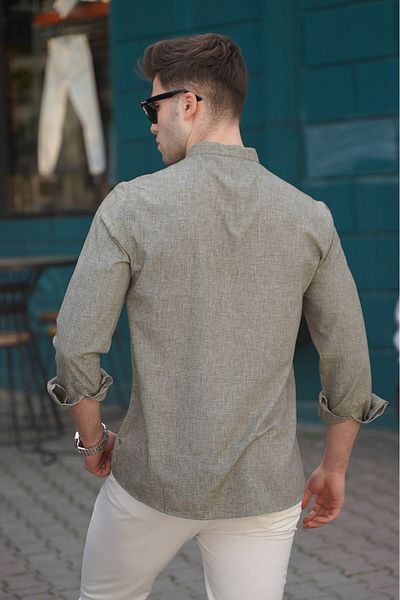 Madmext Men's Khaki Linen Plain Long Sleeve Shirt 5548