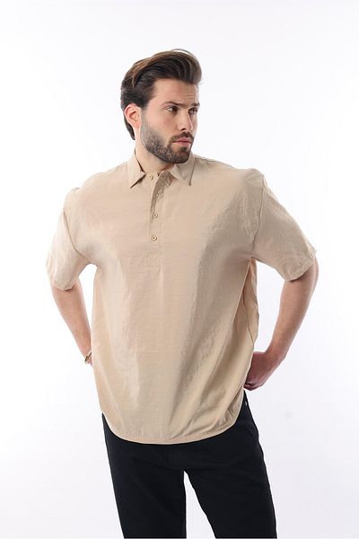 Madmext Μπεζ Oversize Loose Cut κοντομάνικο πουκάμισο 6744