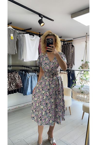 CemBebe Rochie midi de vară cu decolteu în V cu flori liliac
