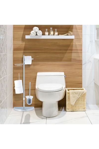 Relaxdays Toilet paper holder set, toilet brush and wet wipes shelf, chromed iron, 86.5 x 33 x 17.5 cm