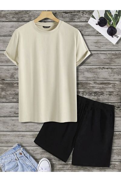 LA GULER Men's 2-Piece Oversize Summer Plain Basic Beige Combed Cotton T-Shirt and Shorts Set