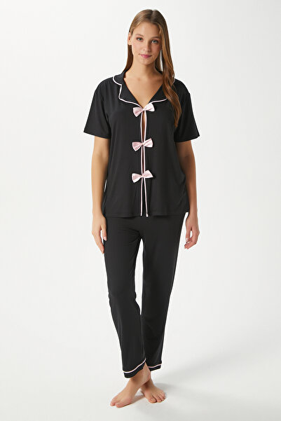 Ritnice Women's Julia Black Bow Bottom Top Pajama Set