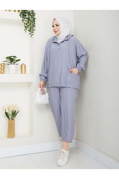 MODAMERSİ Women's Gray Hooded Sweatshirt with Button Detail on the Front, Pants, Hijab, Bottom and Top Set