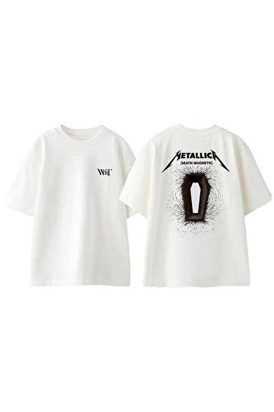 THEWERT Tricou supradimensionat alb din bumbac cu imprimeu pe spate cu design magnetic Metallica