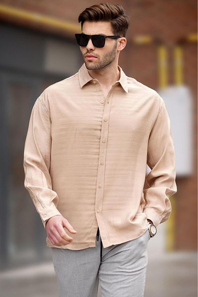 Madmext Μπεζ μακρυμάνικο oversize ανδρικό πουκάμισο 6733