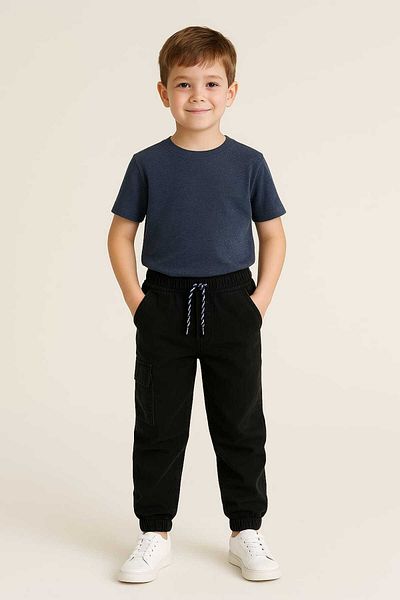 gigigiyim Plain Black Boy's Jeans with Cargo Pockets and Elastic Legs