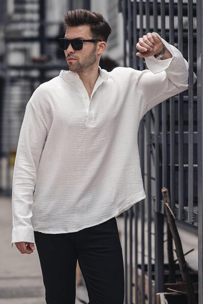 Madmext Erkek Beyaz Müslin Uzun Kollu Gömlek 6742