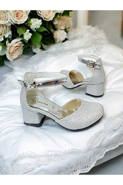 pediashoes ROCHIE DE SEARĂ CU TOC PĂTRAT ARGINTIU SILVERY PENTRU FETE PANTOFI ELEGANTI