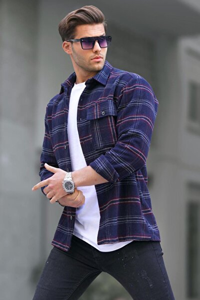 Madmext Lacivert Ekoseli Oduncu Erkek Gömlek 6723