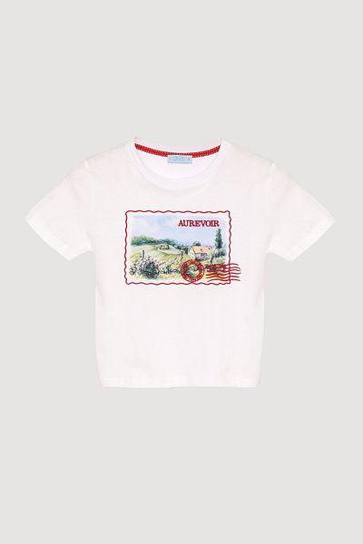 Quzu Tricou Crop Imprimat Carte Poștală Alb