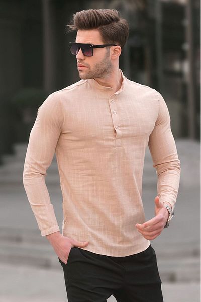 Madmext Ανδρικό πουκάμισο Regular Fit σε μπεζ λινό χρώμα 5586
