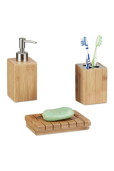 Relaxdays Bathroom accessories set, 3 pieces, soap dispenser, soap holder, toothbrush holder,