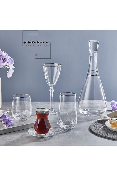Şahika Kristal cama atılan imza 61 Piece Premium Platinum (Silver) 12-Person Glass Cup Set Dowry Water Set Tableware