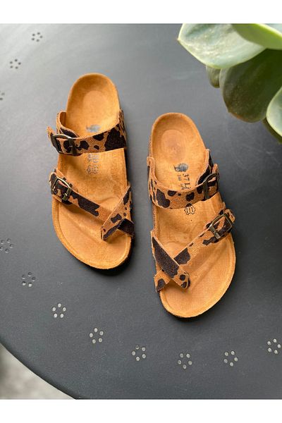 Land of Cork Anatomical Natural Cork Sole Flip Flops Cow Animal Print Leather Women's Slippers