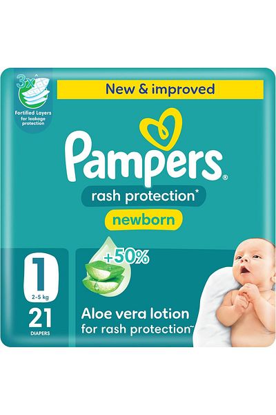Pampers Rash Pro. Taped Diapers, S1, 2-5kg,+50% Aloe Vera Lotion,3x Fortified Layers,Carry Pack, 21Ct