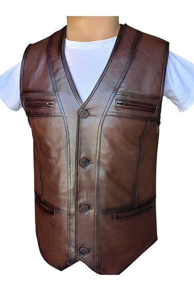 Savran Deri Brown Men's Classic Genuine Leather Vest