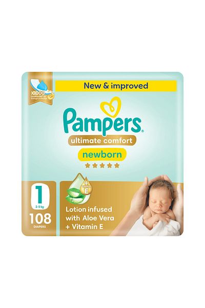 Pampers Ultimate Comf. Taped Diapers, S 1, 2-5kg, Aloe Vera & Vit. E x1000 Leak Locks Tech. Giant Pack,216Ct