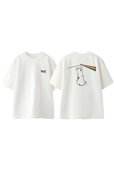 THEWERT Smešna mačka, rok dizajn, leđa Štampano Pamuk bela Oversize kroj T-shirt