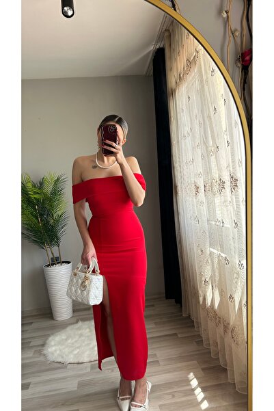 ensbutik Madonna Yaka Yırtmaçlı Midi Elbise