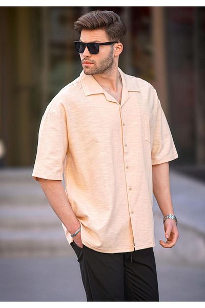Madmext Μπεζ κοντομάνικο oversize ανδρικό πουκάμισο 6737