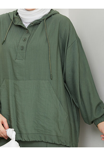 MODAMERSİ Kadın Haki Kapüşonlu Önü Düğme Detaylı Sweatshirt Pantolon Tesettür Alt Üst Takım