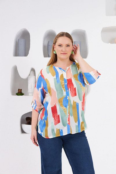 RMG Color Cünbüsü Silk Viscose Large Size Blouse Ecru