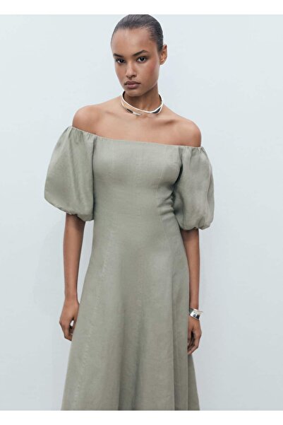 MANGO Woman Kabarık kollu keten elbise