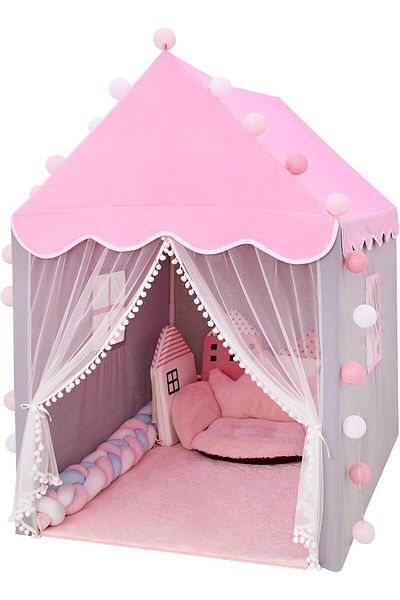 Cort de joaca model casuta pentru copii cu lumini, Zola®, ferestre, gri cu roz, 130 x 100 x 115 cm