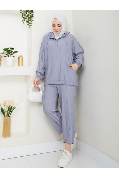 MODAMERSİ Women's Gray Hooded Sweatshirt with Button Detail on the Front, Pants, Hijab, Bottom and Top Set