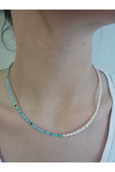 Mudita Tasarım 2 mm İran nişabur turkuaz , 1/2 mm gerçek doğal tatlı su apa inci kolye