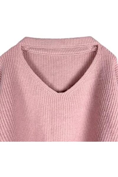BUNCA Pink Ribbed Wide V-Neck Sweater for Women and Girls by BUNCA