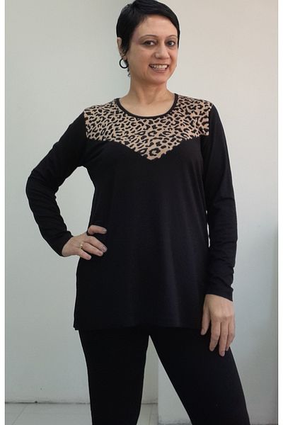Mertcan Butik Black Front Leopard Print Long-Sleeve Combed Viscose T-Shirt