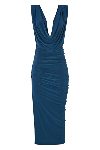 Whenever Company Petrol Yeşili Degaje Yaka Drapeli Yandan Yırtmaçlı Midi Boy Abiye Elbise