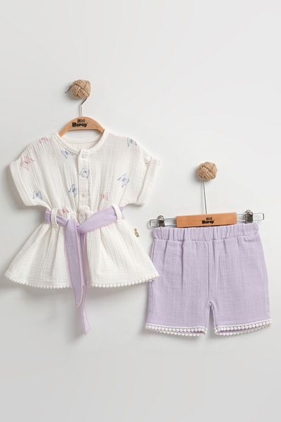 Mini Baray Organic Cotton Butterfly Girl Shorts Set (2-3-4-5 Years Old) - Breathable Summer Baby Outfit