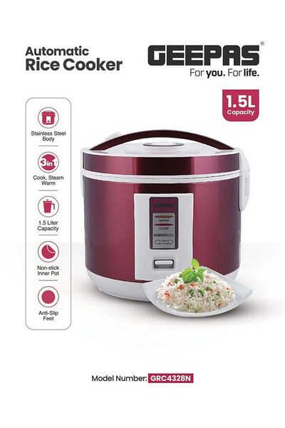 Geepas Multifunctional Automatic Rice Cooker with Stainless Steel Body & Non-Stick Inner Pot 1.5 L 708 W GR