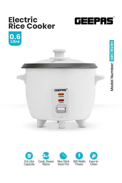 Geepas Multifunctional Rice Cooker With Non-Stick Inner Pot, 0.6 L 300 W GRC1828H White