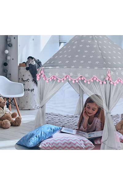 zola Cort de joaca pentru copii, Zola®, cu perdele, gri si alb, inaltime totala 140 cm