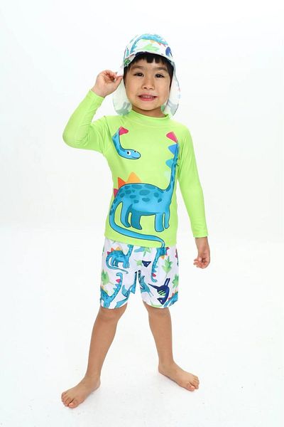 PODİUM GİYİM New Season Character Printed Kareoka Stitched Long Sleeve-Boned-Bottom Shorts Uv Protection Swimwear Set