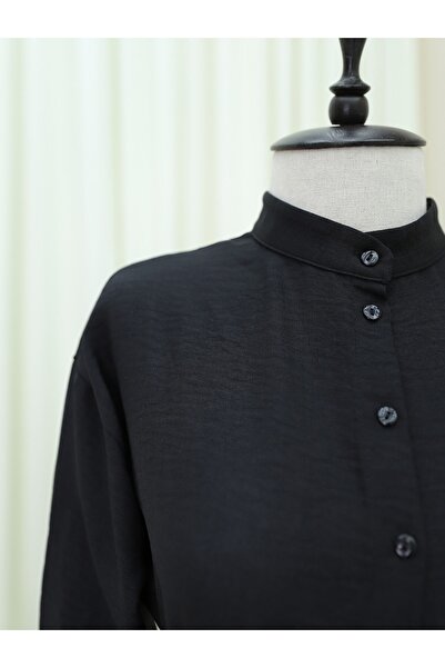 Modamorfo Half Button Stand Collar Tie Waist Linen Dress -Black