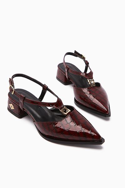 Limoya Sandale de damă Ginny Burgundy cu cataramă de crocodil cu toc scurt