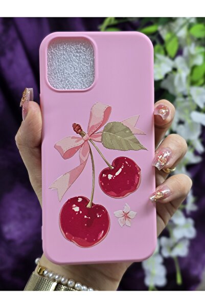 Magic Ring iPhone 12 & iPhone 12 Pro Uyumlu Kiraz ve Kurdele Desenli Pembe Te...