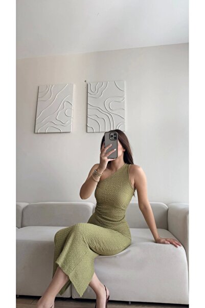 Zoom Butik One Shoulder Crop Slit Skirt Set - Green